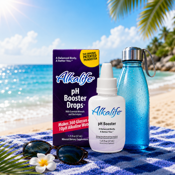 Alkalife pH Booster products on a beach with ocean and palm trees in the background
